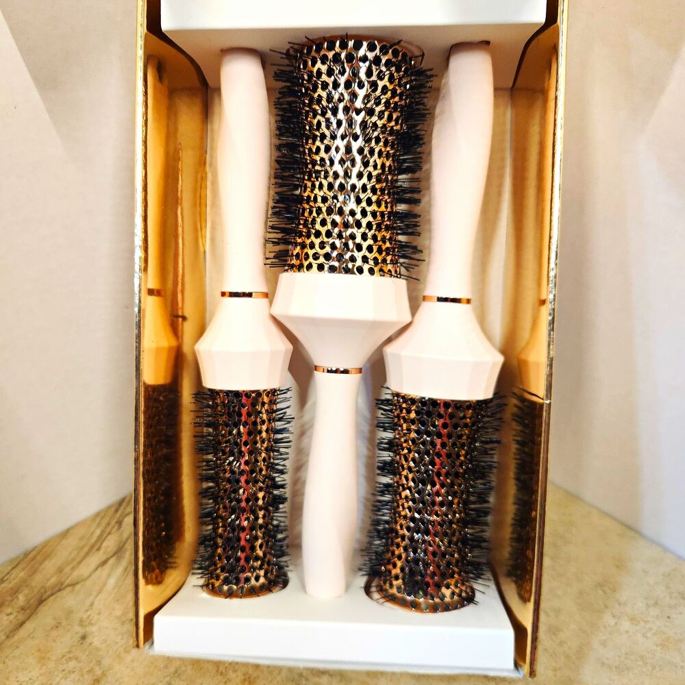 Lily England Barrel Brush Blow-Dry Kit 4 pc Round Brush Set Tail Comb Gold